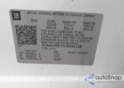 2018 Chevrolet Equinox Lt из США, поврежденный, VIN 2GNAXSEV5J6342138